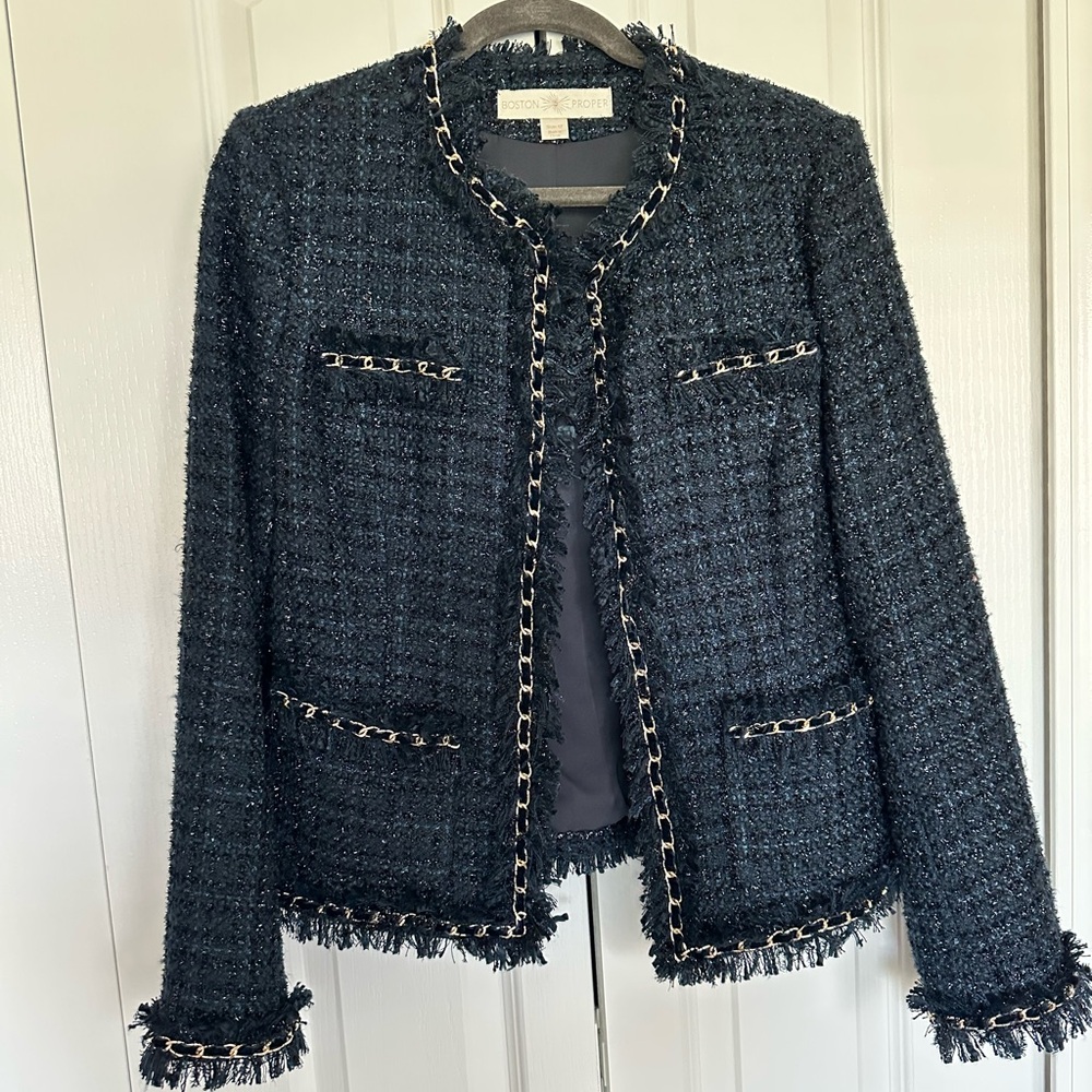 Boston Proper Black Tweed Blazer with Fringe